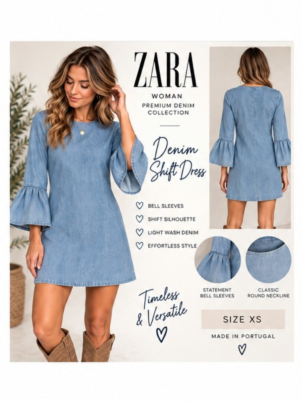 Zara Woman Premium Denim Bell Sleeve Shift Dress XS